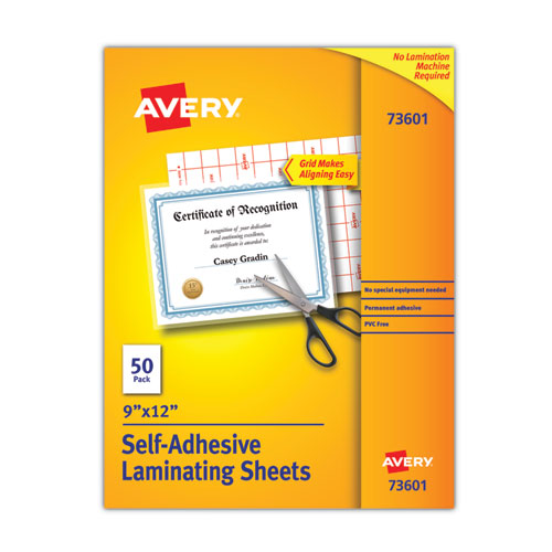 Clear Self-Adhesive Laminating Sheets, 3 mil, 9" x 12", Matte Clear, 50/Box-(AVE73601)