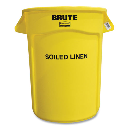 Vented Round Brute Container, "Soiled Linen" Imprint, 32 gal, Plastic, Yellow-(RCP263294YEL)