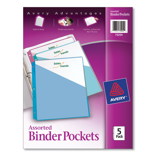 Binder Pockets, 3-Hole Punched, 9.25 x 11, Assorted Colors, 5/Pack-(AVE75254)