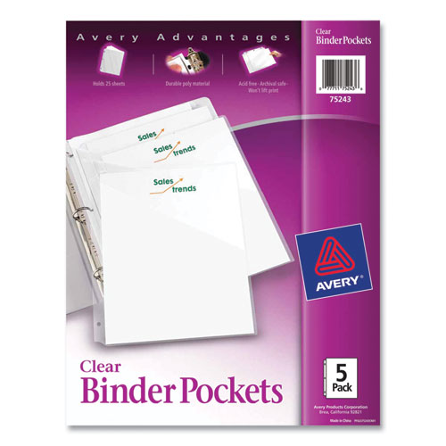 Binder Pockets, 3-Hole Punched, 9.25 x 11, Clear, 5/Pack-(AVE75243)