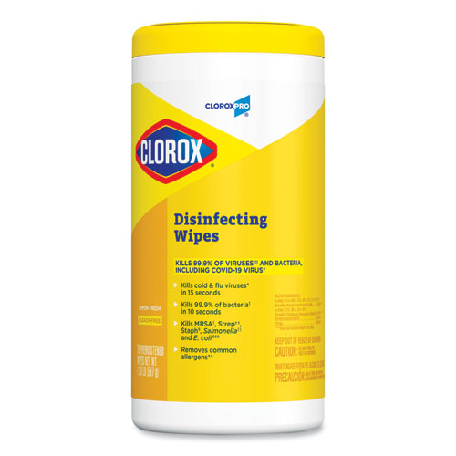 Disinfecting Wipes, 1-Ply, 7 x 8, Lemon Fresh, White, 75/Canister, 6/Carton-(CLO15948CT)