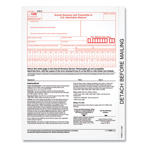 1096 Tax Form for Inkjet/Laser Printers, Fiscal Year: 2022, One-Part (No Copies), 8 x 11, 10 Forms Total-(TOP22023R)