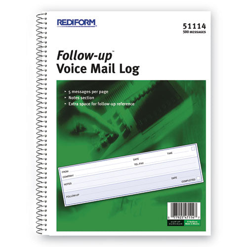 Follow-up Wirebound Voice Mail Log Book, One-Part (No Copies), 7.5 x 2, 5 Forms/Sheet, 500 Forms Total-(RED51114)