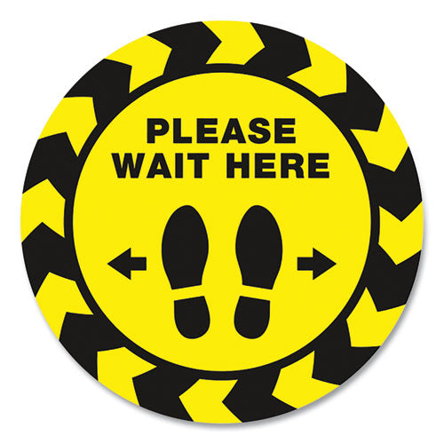 Social Distancing Floor Decals, 10.5" dia, Please Wait Here, Yellow/Black Face, Black Graphics, 5/Pack-(AVE83020)