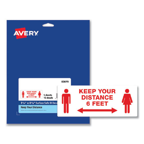 Preprinted Surface Safe ID Decals, 8.38 x 3.25, Keep Your Distance 6 Feet, White Face, Red Graphics, 15/Pack-(AVE83079)