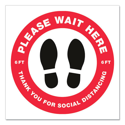 Social Distancing Floor Decals, 10.5" dia, Please Wait Here, Red/White Face, Black Graphics, 5/Pack-(AVE83090)