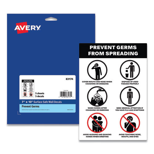 Preprinted Surface Safe Wall Decals, 7 x 10, Prevent Germs from Spreading, White/Black Face, Black Graphics, 5/Pack-(AVE83174)