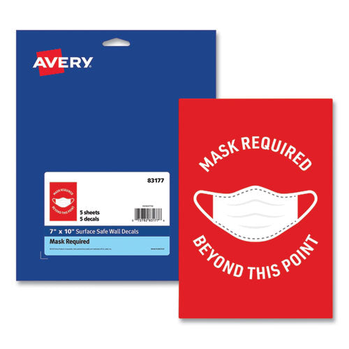Preprinted Surface Safe Wall Decals, 7 x 10, Mask Required Beyond This Point, Red Face, White Graphics, 5/Pack-(AVE83177)
