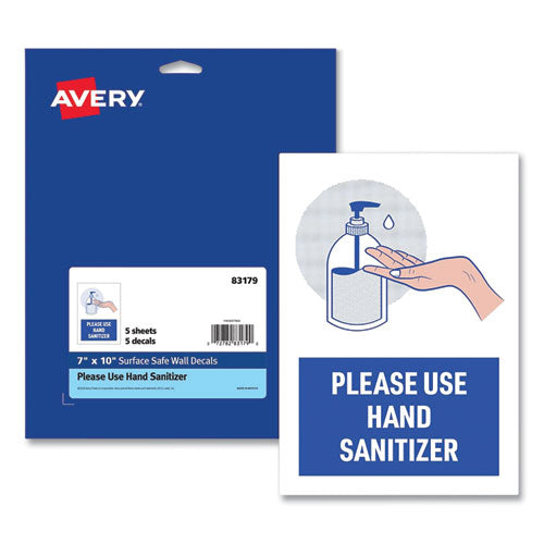 Preprinted Surface Safe Wall Decals, 7 x 10, Please Use Hand Sanitizer, White Face, Blue/Gray Graphics, 5/Pack-(AVE83179)