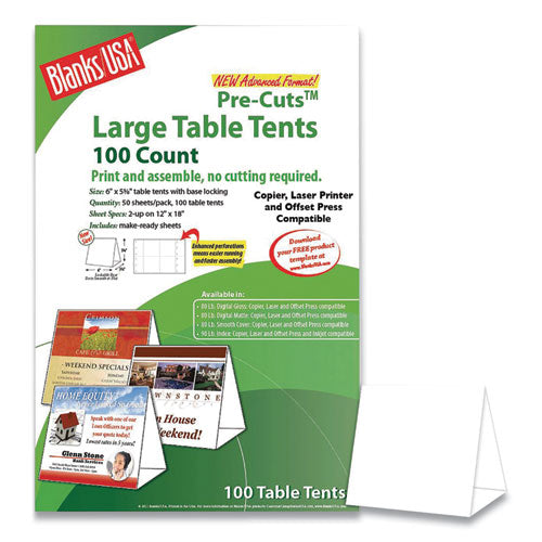 Table Tent, 80 lb Cover Weight, 12 x 18, White, 2 Tents/Sheet, 50 Sheets/Pack-(BLA01FLWH)