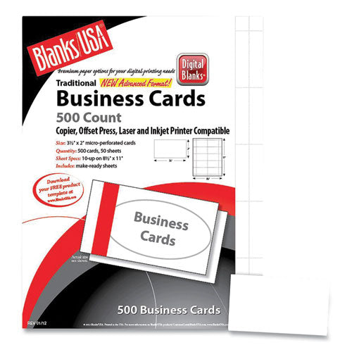 Printable Microperforated Business Cards, Copier/Inkjet/Laser/Offset, 2 x 3.5, White, 2,500 Cards, 10/Sheet, 250 Sheets/Pack-(BLA25S8WH)