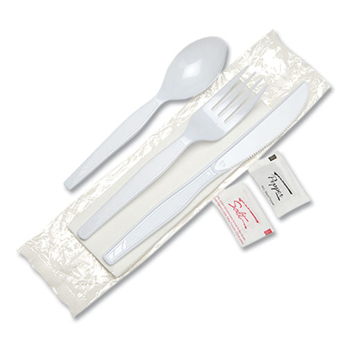 Individually Wrapped Mediumweight Polystyrene Cutlery, Knife/Fork/Teaspoon/Salt/Pepper/Napkin, White, 250/Carton-(DXECM26NSPC7)