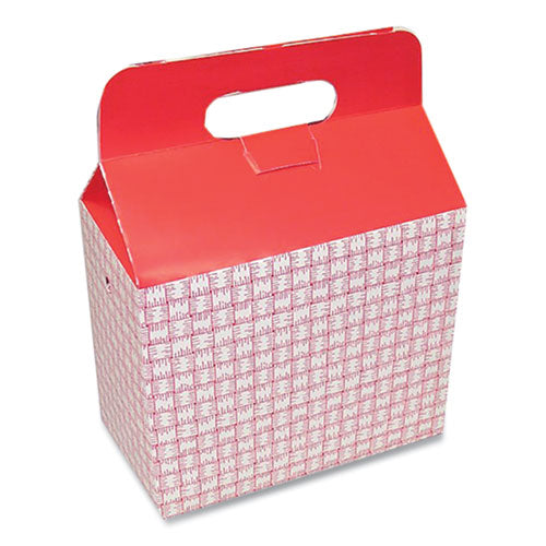 Take-Out Barn One-Piece Paperboard Food Box, Basket-Weave Plaid Theme, 9.5 x 5 x 8, Red/White, Paper, 125/Carton-(DXEH3RP)