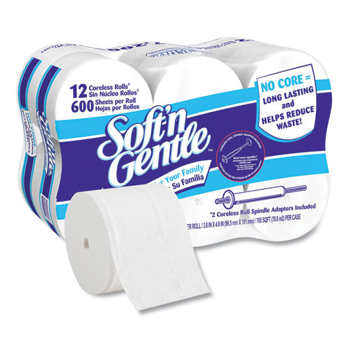 Softn Gentle 2-Ply Coreless Toilet Paper, Septic Safe, White, 600 Sheets/Roll, 12 Rolls/Carton-(GPC13325501)