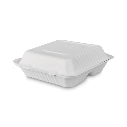 Tree-Free Farm to Paper Agricultural Waste Clamshell Container, 3-Compartment 8 x 8 x 3, White Sugarcane, 50/Pack, 6 Packs/CT-(DFDPME01010)