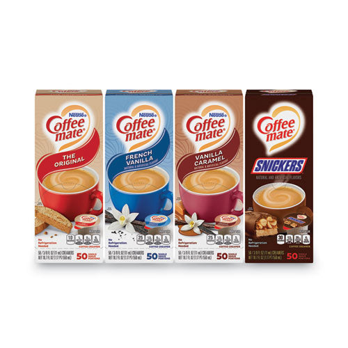 Liquid Coffee Creamer, Original/French Vanilla/Snickers/Vanilla Caramel, 0.38oz MiniCups, 50/PK,4 PK/CT,Delivery 1-4 Bus Days-(GRR70000092)