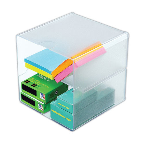 Stackable Cube Organizer, Divided, 2 Compartments, Plastic, 6 x 6 x 6, Clear-(DEF350701)