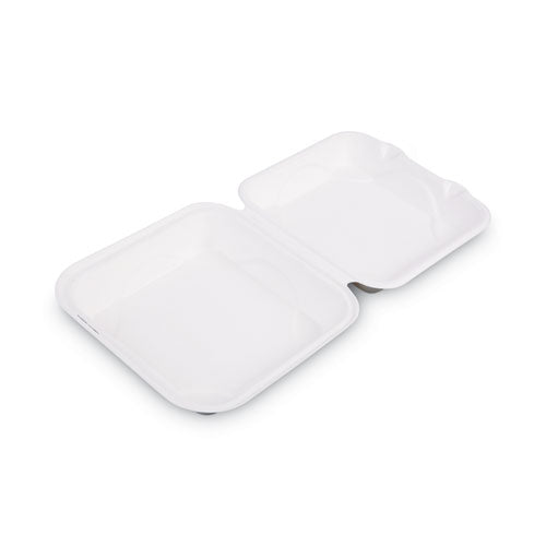 Bagasse Hinged Clamshell Containers, 9 x 9 x 3, White, Sugarcane, 50/Pack, 4 Packs/Carton-(ECOEPHC91)