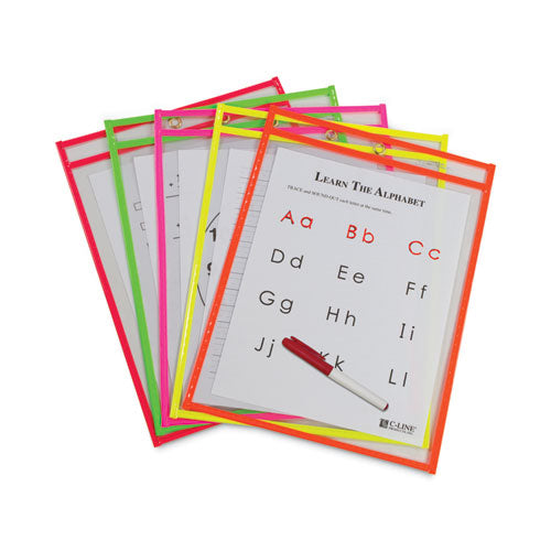 Reusable Dry Erase Pockets, 9 x 12, Assorted Neon Colors, 10/Pack-(CLI40810)