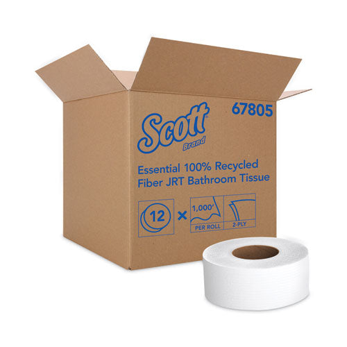 Essential 100% Recycled Fiber JRT Bathroom Tissue for Business, Septic Safe, 2-Ply, White, 3.55" x 1,000 ft, 12 Rolls/Carton-(KCC67805)