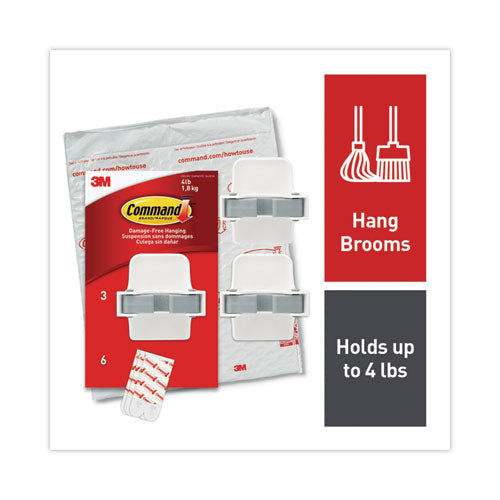 Broom Gripper, 3.12w x 1.85d x 3.34h, White/Gray, 3 Grippers/6 Strips-(MMM170073NA)