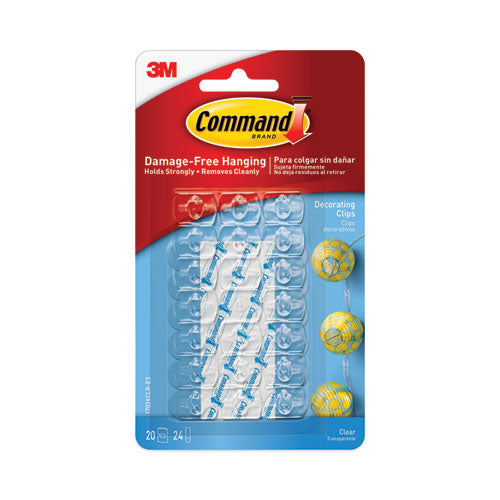 Clear Hooks and Strips, Decorating Clips, Plastic, 0.1 lb Capacity, 20 Clips and 24 Strips/Pack-(MMM17026CLRES)