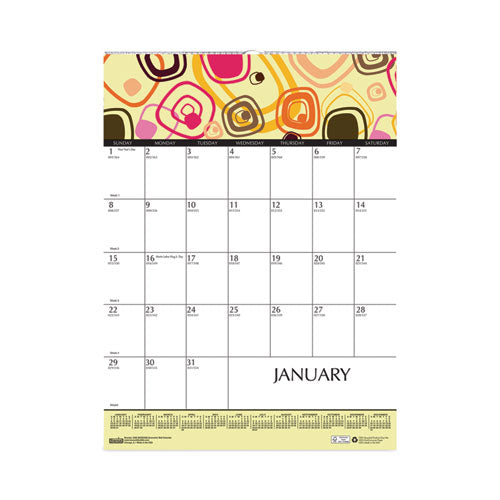 Recycled Geometric Wall Calendar, Geometric Artwork, 12 x 16.5, White/Multicolor Sheets, 12-Month (Jan to Dec): 2023-(HOD3492)