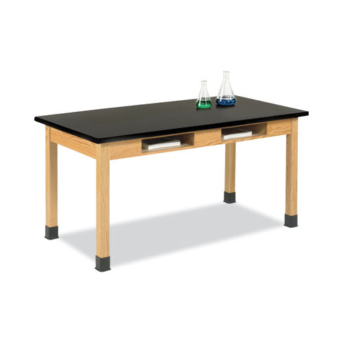 Classroom Book Compartment Science Table, 60w x 30d x 36h, Black High Pressure Laminate (HPL) Top, Oak Base-(DVWC714LBBK36N)