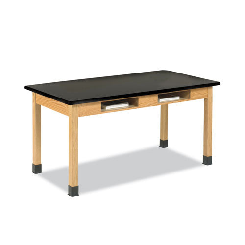 Classroom Book Compartment Science Table, 48w x 24d x 30h, Black ChemGuard High Pressure Laminate (HPL) Top, Oak Base-(DVWC7102BK30N)