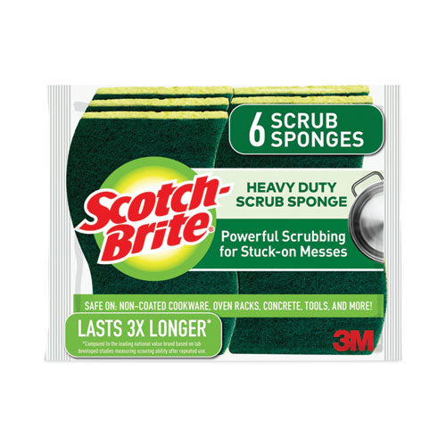 Heavy-Duty Scrub Sponge, 4.5 x 2.7, 0.6" Thick, Yellow/Green, 6/Pack-(MMM426)