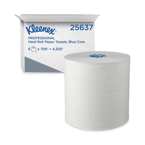 Hard Roll Paper Towels with Premium Absorbency Pockets with Colored Core, Blue Core, 1-Ply, 7.5" x 700 ft, White, 6 Rolls/CT-(KCC25637)