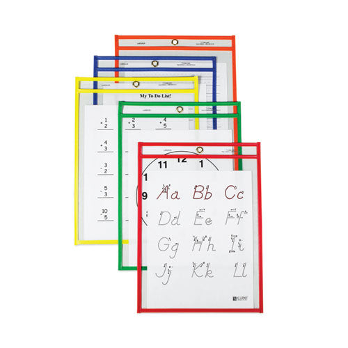 Reusable Dry Erase Pockets, 9 x 12, Assorted Primary Colors, 25/Box-(CLI40620)