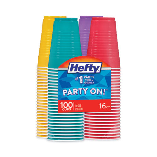 Easy Grip Disposable Plastic Party Cups, 16 oz, Assorted Colors, 100/Pack-(RFPC21637)