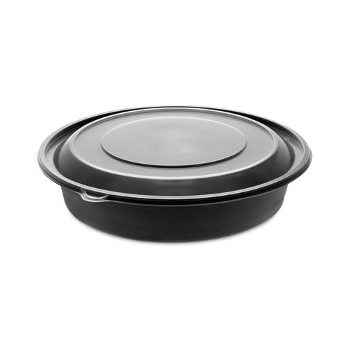 EarthChoice MealMaster Container with Lid, 48 oz, 10.13" Diameter x 2.13"h, 1-Compartment, Black/Clear, Plastic, 150/Carton-(PCT0CN80948CSTC)