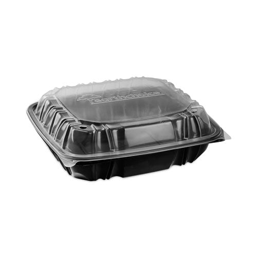 EarthChoice Vented Dual Color Microwavable Hinged Lid Container, 3-Compartment 34oz, 10.5x9.5x3, Black/Clear, Plastic, 132/CT-(PCTDC109310B000)