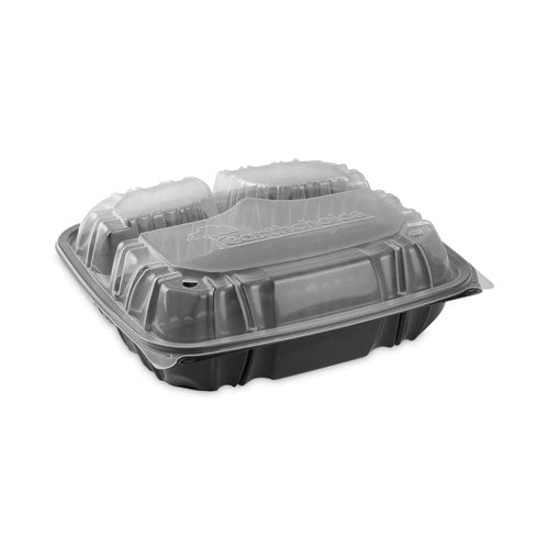 EarthChoice Vented Dual Color Microwavable Hinged Lid Container, 3-Comp Base/Lid, 34 oz, 10.5x9.5x3, Blk/Clr, Plastic, 132/CT-(PCTDC109330B000)