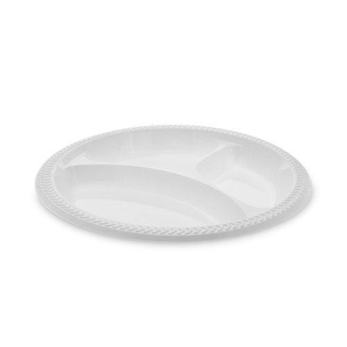 Meadoware Impact Plastic Dinnerware, 3-Compartment Plate, 10.25" dia, White, 500/Carton-(PCTMIC10Y)
