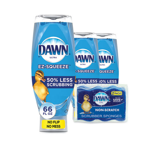 Ultra Liquid Dish Detergent, Dawn Original, Three 22 oz E-Z Squeeze Bottles and 2 Sponges/Pack, 6 Packs/Carton-(PGC02367)