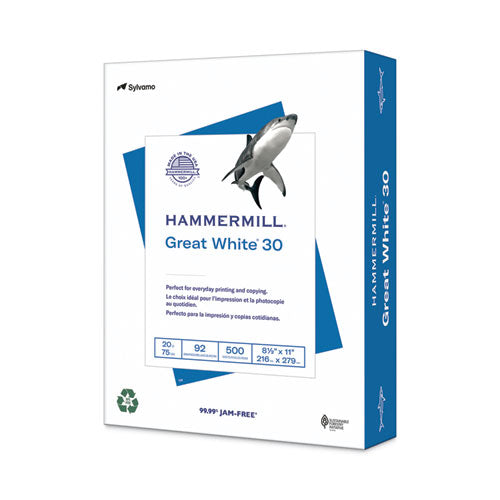 Great White 30 Recycled Print Paper, 92 Bright, 20 lb Bond Weight, 8.5 x 11, White, 500/Ream-(HAM86700RM)