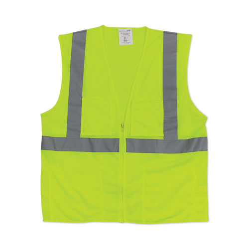 ANSI Class 2 Four Pocket Zipper Safety Vest, Polyester Mesh, 3X-Large, Hi-Viz Lime Yellow-(PID302MVGZ4PLY3)