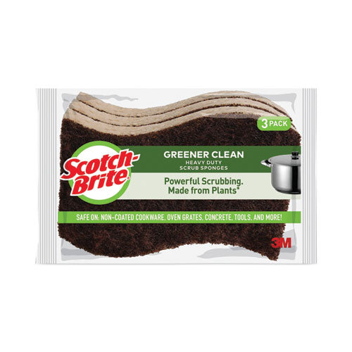 Greener Clean Heavy-Duty Scrub Sponge, 4.5 x 2.7, 0.6" Thick, Light Brown, 3/Pack-(MMM87033)