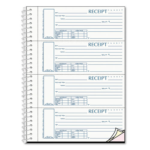 Spiralbound Unnumbered Money Receipt Book, Three-Part Carbonless, 7 x 2.75, 4 Forms/Sheet, 120 Forms Total-(REDS16444WCL)