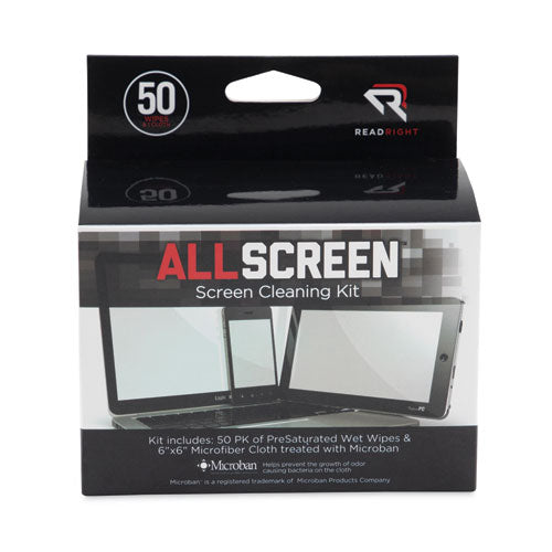 AllScreen Screen Cleaning Kit, Individually Wrapped Presaturated Wipes, 1 Microfiber Cloth, 5 x 4, Unscented, White, 50/Box-(REARR15039)