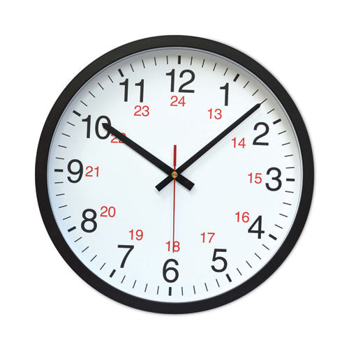 24-Hour Round Wall Clock, 12.63" Overall Diameter, Black Case, 1 AA (sold separately)-(UNV10441)