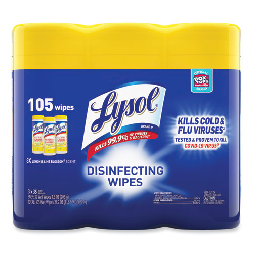 Disinfecting Wipes, 1-Ply, 7 x 7.25, Lemon and Lime Blossom, White, 35 Wipes/Canister, 3 Canisters/Pack, 4 Packs/Carton-(RAC82159CT)