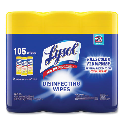 Disinfecting Wipes, 1-Ply, 7 x 7.25, Lemon and Lime Blossom, White, 35 Wipes/Canister, 3 Canisters/Pack-(RAC82159PK)