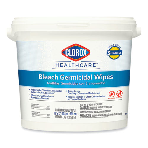 Bleach Germicidal Wipes, 1-Ply, 12 x 12, Unscented, White, 110/Canister, 2 Canisters/Carton-(CLO30358CT)