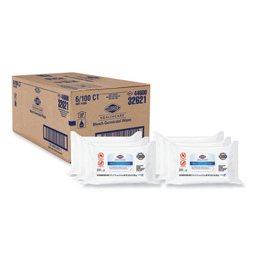 Bleach Germicidal Wipes, 1-Ply, 6.75 x 9, Unscented, White, 100 Wipes/Flat Pack, 6 Packs/Carton-(CLO32621)