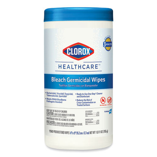 Bleach Germicidal Wipes, 1-Ply, 6 x 5, Unscented, White, 150/Canister, 6 Canisters/Carton-(CLO30577CT)