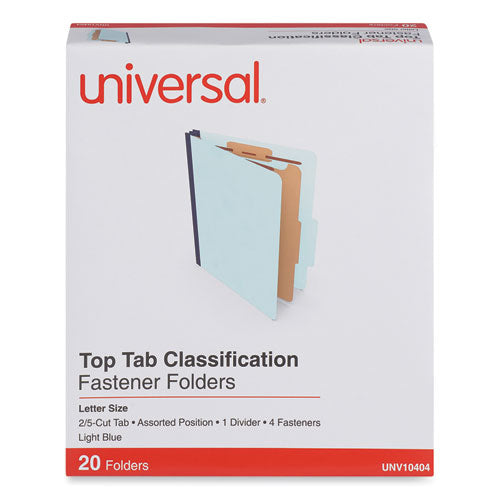Four-Section Pressboard Classification Folders, 1.75" Expansion, 1 Divider, 4 Fasteners, Letter Size, Light Blue, 20/Box-(UNV10404)